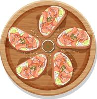 Bruschetta au saumon fumé sur une plaque ronde en bois isolée vecteur