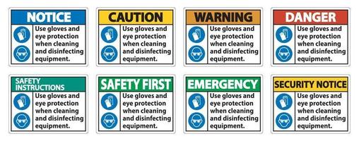 Utiliser des gants et un signe de protection des yeux sur fond blanc vecteur