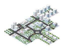 arbre de la ville d'hiver une ville isométrique avec des rues, illustration 3d vecteur