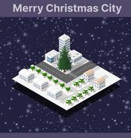 arbre de noël d'hiver, le nouvel an est une ville isométrique avec des rues, des routes, des maisons et des transports vecteur