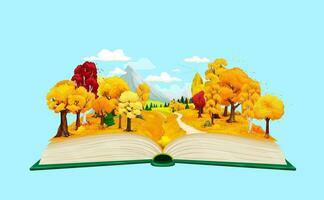 dessin animé ouvert livre avec l'automne forêt paysage vecteur