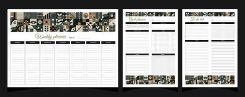 planificateurs ensemble géométrie. hebdomadaire, but, à faire liste planificateurs. planificateurs imprimable modèle avec géométrique formes. Vide blanc carnet page a4. vecteur illustration.