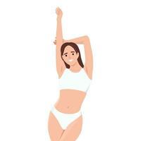 parfait corps. en forme Jeune femme permanent avec mains élevé en haut, montrant sa idéal courbes, posant dans blanc lingerie. vecteur