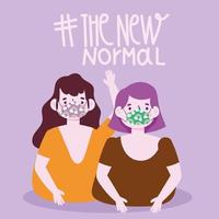 nouveau mode de vie normal, deux femmes portant des masques amusants vecteur