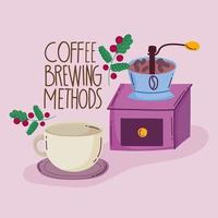 méthodes de préparation du café, moulin manuel et tasse en céramique vecteur