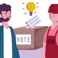 concept de vote et d'élection, différentes personnes avec bulletin de vote et urne vecteur