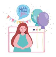 fête en ligne, dessin animé femme tu me manques ballons célébration internet vecteur