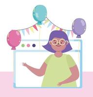 fête en ligne, site Web dans la célébration des ballons d'anniversaire vidéo fille vecteur
