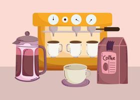 méthodes de préparation du café, machine à expresso avec tasses, bouilloire et pack vecteur