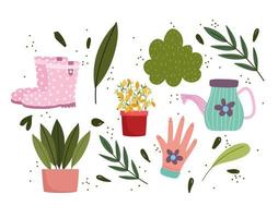 jardinage, plantes en pot arrosoir bottes et feuilles vecteur