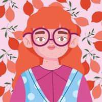 parfaitement imparfait, femme de dessin animé avec des lunettes et des taches de rousseur sur le visage vecteur