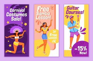 ensemble de modèles vectoriels plats de flyers de carnaval brésilien. mise en page de conception de dépliant imprimable pour leçon de samba gratuite. vente de costumes de fête. cours de gitar publicité bannière verticale web, histoires de médias sociaux vecteur