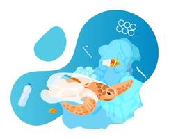 tortue dans l'océan avec l'icône de concept plat de déchets plastiques. problème de pollution de l'eau de mer. animal marin piégé dans un autocollant d'emballage jetable, clipart. illustration de dessin animé isolé sur fond blanc vecteur