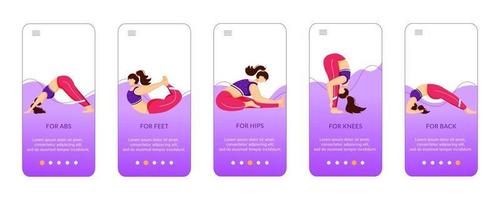 exercices de yoga à bord du modèle vectoriel d'écran d'application mobile. activités sportives. femelle bodypositive. Procédure pas à pas du site Web avec des caractères plats. concept d'interface de dessin animé pour smartphone ux, ui, gui