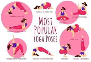 Le yoga populaire pose un modèle d'infographie vectorielle rose. femelles positives au corps. affiche, conception de page de livret avec illustrations à plat. dépliant publicitaire, dépliant, bannière avec idée de mise en page de flux de travail vecteur