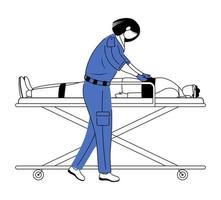 ambulancier donnant les premiers secours illustration vectorielle plane. soins d'urgence, réanimation. secouriste d'urgence, infirmier. emt et patient traumatisé sur un personnage de dessin animé de civière. médecin isolé sur blanc vecteur