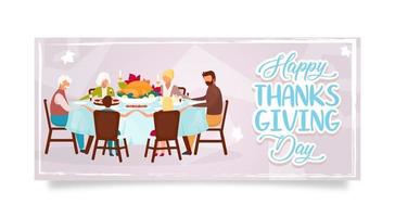 joyeux jour de Thanksgiving modèle de vecteur d'affiche plate. célébration des vacances d'automne. dîner en famille avec des personnages de dessins animés isolés de dinde. bannière, brochure, mise en page de conception de dépliant avec place pour le texte