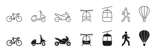 transport modes ligne et silhouette icône ensemble. vélo, moto, vélomoteur, câble voiture, piéton, hélicoptère pictogramme. circulation signe collection. véhicule symboles. isolé vecteur illustration.