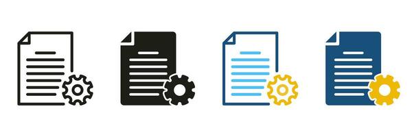 document avec équipement ligne et silhouette icône ensemble. projet la gestion pictogramme. Contrat réglage symbole. affaires développement, travail rapport, fichier accord signe. isolé vecteur illustration.