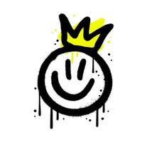 Urbain graffiti heureuxémoticône avec couronne. souriant visage peint vaporisateur peindre. Années 90 texturé vecteur illustration