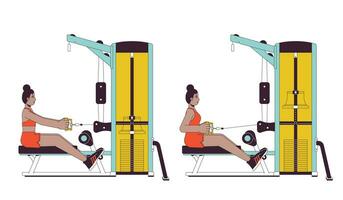 travail en dehors sur assise rangée machine plat ligne vecteur place illustration. femelle 2d dessin animé contour personnage sur blanc pour la toile ui conception. prévenir retour douleur exercice modifiable isolé Couleur héros image