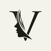 femme visage logo sur lettre v beauté spa symbole avec femme visage icône vecteur