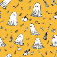 Halloween fête sans couture modèle. Orange interminable Contexte avec citrouilles, feuilles, des fantômes, balais et caractères huer. pour bannière, affiche, cadeau papier, cartes. vecteur
