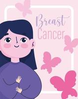 Aide et soutien pour femme de dessin animé du mois de sensibilisation au cancer du sein, carte de papillons vecteur