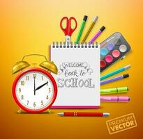 retour à école alarme horloge, bloc-notes, vecteur aquarelle les ciseaux stylo surligneur