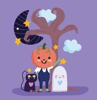 joyeux halloween, garçon avec costume de citrouille fantôme chat lune tour de nuit ou friandise célébration de fête vecteur