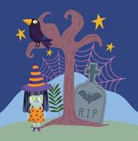 joyeux halloween, costume de sorcière pierre tombale chauve-souris corbeau ciel nocturne tour ou friandise célébration de la fête vecteur