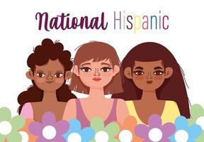 mois du patrimoine hispanique national, dessin animé de portrait de fleurs de femmes de groupe vecteur