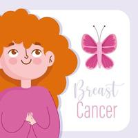 femme de dessin animé du mois de sensibilisation au cancer du sein et papillon mignon vecteur