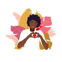 jeune femme africaine embrasse un grand coeur avec amour et soin. soins personnels et concept positif pour le corps. féminisme, lutte pour vos droits, concept de pouvoir des filles. plat. vecteur