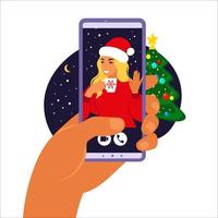 célébration en ligne de noël et du nouvel an à l'aide d'un téléphone portable. fête en ligne, appel vidéo de Noël. illustration vectorielle. vecteur
