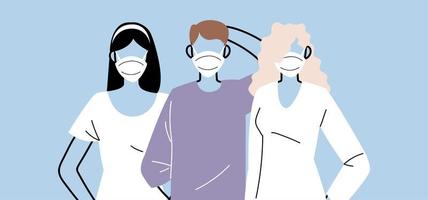 groupe de personnes portant des masques médicaux protecteurs, une femme et un homme portant une protection contre le coronavirus vecteur