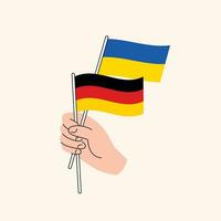 dessin animé main en portant ukrainien et allemand drapeaux. Ukraine et Allemagne rapports vecteur