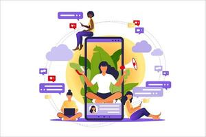 femme avec mégaphone sur téléphone mobile à écran et jeunes qui l'entourent. illustration vectorielle à plat avec des personnages - influencez les services et les produits de promotion des blogueurs pour ses abonnés en ligne. vecteur