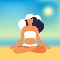 fille méditation sur la plage. concept pour les vacances, les vacances et les voyages. heure d'été. illustration vectorielle à plat. vecteur