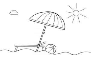 illustration de vecteur de dessin animé de parasol plage par temps ensoleillé transat et ballon de mer