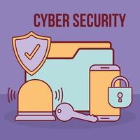 lettrage et dossier de cybersécurité avec un cadenas et un ensemble d'icônes de cybersécurité vecteur