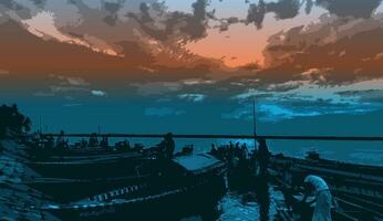 une La peinture de bateaux sur le eau, le coucher du soleil plus de le rivière avec bateau vecteur ancien art conception