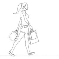 dessin au trait continu d'une femme à la mode avec un sac à provisions vecteur