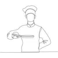 dessin au trait continu d'un chef tenant une illustration vectorielle de poêle à frire vecteur