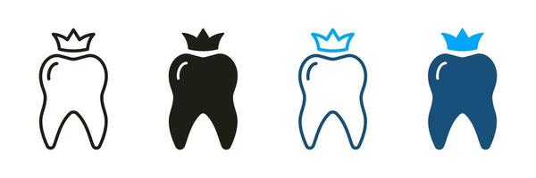 dentaire couronne silhouette et ligne icône ensemble. les dents protection implant, médical couronne. orthodontique dentier. dentaire traitement symbole collection. oral se soucier pictogramme. isolé vecteur illustration.