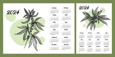 calendrier disposition pour 2024. chanvre feuilles dans le style de ligne art. une Naturel vert plante. botanique illustration vecteur