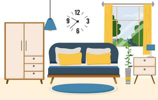confortable chambre intérieur avec meubles comme lit, garde-robe, chevet tableau, vase, lustre dans moderne style dans plat vecteur illustration