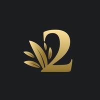 logo numéro deux d'or avec des feuilles d'or. vecteur
