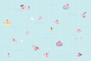les gens nagent dans la piscine. caractères simples et petits de composition de motifs. illustration vectorielle minimale de style design plat. vecteur