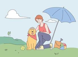 une femme caresse la tête d'un chien mordu par une balle. fond extérieur avec ciel et pelouse. illustration vectorielle minimale de style design plat. vecteur